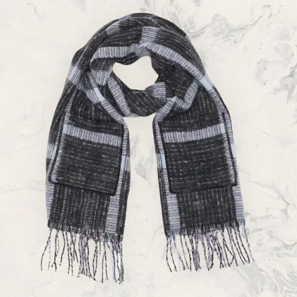 NWT BP Bundle of Cozy Fringe Pocket Blanket Scarf and Black Beanie- Gray/ Black